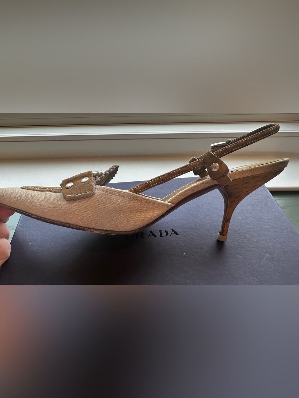 Vintage Prada Beige Canvas Pointed Toe Buckle Slingback Heels - Picture 9 of 16